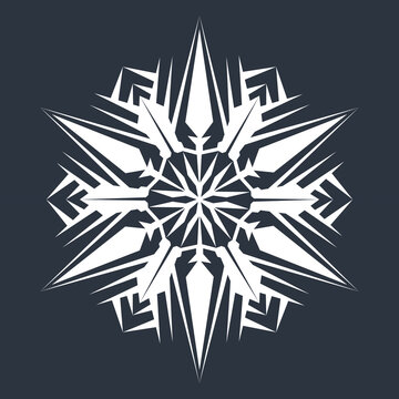 White hexagonal snowflake on a dark background. A unique author's snowflake to decorate the winter holidays. Vector image of a Christmas symbol.