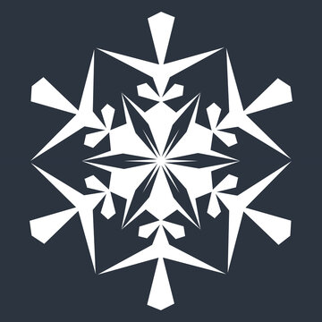 White hexagonal snowflake on a dark background. A unique author's snowflake to decorate the winter holidays. Vector image of a Christmas symbol.
