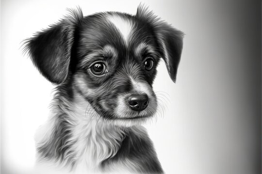  a black and white photo of a puppy's face and eyes, with a white background and a black border around the dog's head, with a black and white border,. Generative AI