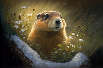  a painting of a groundhog in the snow with flowers in the foreground and snow on the ground behind it, with a brown background of snow and grass and white flowers, and. Generative AI - obrazy, fototapety, plakaty