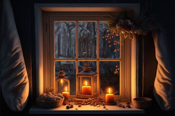  a window with a candle and a basket of nuts on it in front of a window sill with a curtain and a window sill with a candle and a basket of nuts on it. Generative AI