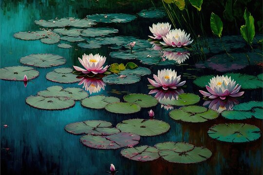  a painting of water lilies and lily pads in a pond with lily pads in the water and green leaves on the water surface, with a blue background, with green leaves, and. Generative AI