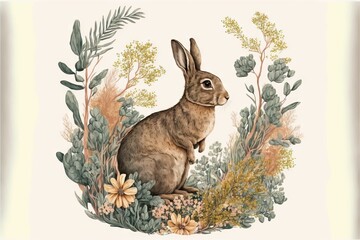  a rabbit sitting in a field of flowers and plants with a white background and a border of foliage and flowers around it, with a white background with a light yellow border with a white. Generative AI