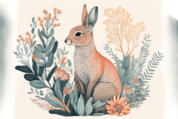  a drawing of a rabbit surrounded by flowers and plants on a white background with a blue border around it and a white border around the edges of the image is a light pink backgrounв. Generative AI