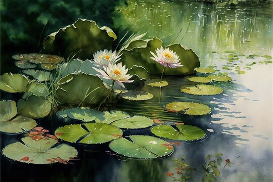  a painting of water lilies and lily pads in a pond of water with green leaves and a green background with a white lily in the center of the water with a few pink flowers. Generative AI