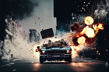 A car explodes on the street. Action scene. Made with Generative AI.