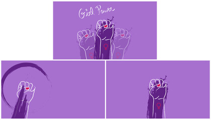 Violet backgrounds with fists up in the struggle of feminism.
