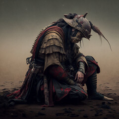 Exhausted samurai after the battle fell to his knees and bowed his head, AI generated art