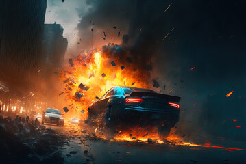 A car explodes on the street. Action scene. Made with Generative AI.