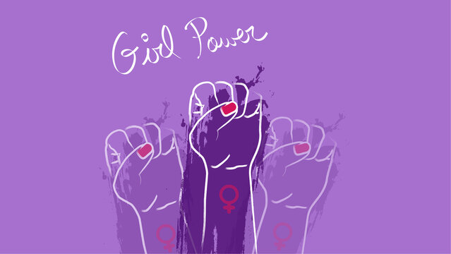 Wallpaper of about feminism and fist up for the struggle on purple background.