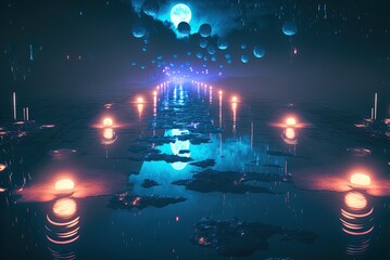 Scene of enchantment in the dark, with lanterns lit on a bridge Generative AI