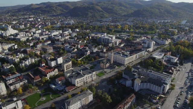 Aerial view of city Banja Luka in Bosnia and Herzegovina, city center, parks and residential houses, river Vrbas, old fortress