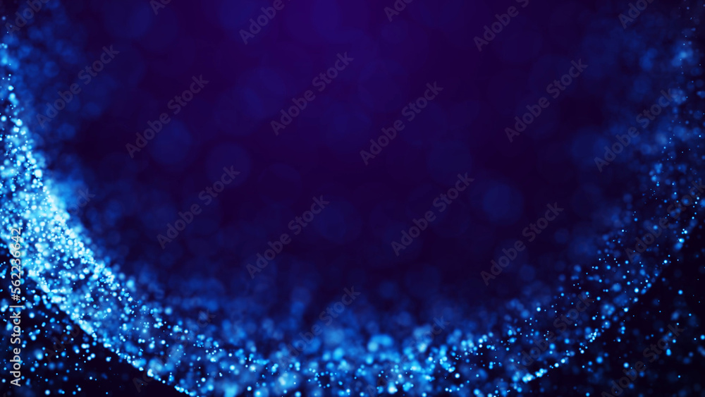 Poster magical sparkles of light form abstract structures. blue glow particles with amazing bokeh for fanta