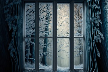 Frozen glass panes depict a woodland straight out of a fairy tale. Generative AI
