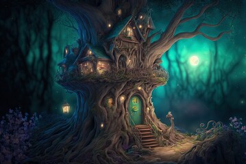 Tree home for fairies in a magical wood Generative AI