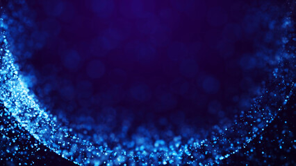 Magical sparkles of light form abstract structures. Blue glow particles with amazing bokeh for fantastic background. 3d render.