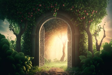 An enchanted orchard with a stone archway and a forest of trees Generative AI