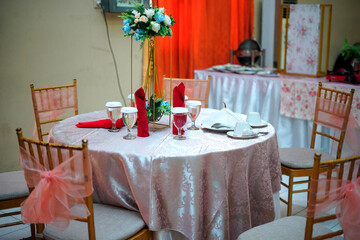 Table and Decoration Arrangement for a Traditional Wedding Ceremony in Indonesia