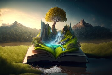 Obraz premium The pages of a magical book pour forth onto the surrounding countryside. Generative AI