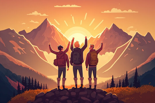 Laughing friends stand with arms raised, taking in the sunset at sunset mountain. Generative AI