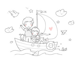 Two brothers are on a boat. Two little boys are playing sailors. Two friends and their toys. Cute cartoon kids and cat, dog and goose. The little prince. - 562237026