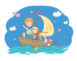 Two brothers are on a boat. Two little boys are playing sailors. Two friends and their toys. Cute cartoon kids and cat, dog and goose. The little prince.
