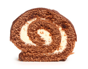 Piece of tasty sponge cake roll  on white background