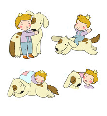 Cute cartoon boy and his dog. The little Prince. The kid is playing with the puppy. - 562237299