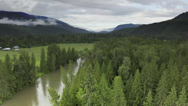 Aerial of Eagle River on cloudy summer day in June 