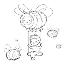 Cute cartoon boy on a swing. The Little Prince and the bees. Page for coloring book - 562237445