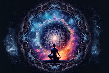 Man meditate chakra energy with mandala object. Human yoga pose and meditation against universe energy mandala. Sacred geometry healing. Human energy - obrazy, fototapety, plakaty