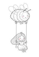 Princess on a swing. Cute cartoon girl and bees. - 562237608
