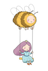 Princess on a swing. Cute cartoon girl and bees. - 562237653
