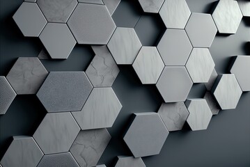 Wall made of semiglossy, polished mosaic tiles. A blocky, concrete, hexagonal, brick backdrop. Generative AI