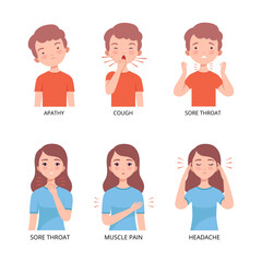 Cold and flu symptoms set. Boy suffering from apathy, cough, sore throat, muscle pain, headache cartoon vector illustration