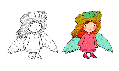 Little forest fairy. Cute funny girl with wings. forest angel. Illustration for coloring books. Monochrome and colored versions - 562237880