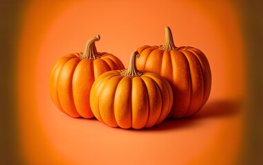 Those are three pumpkins on an orange backdrop. Wallpaper with an autumnal design. Generative AI