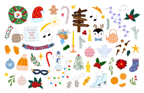 Christmas colorful elements set holly plant, skates, snowman, candle, orange, stars, garland, decoration in simple cartoon style for winter holidays greeting card, invitation, banner, decor, stickers