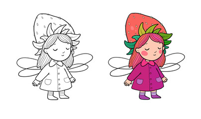 Little garden fairy Strawberry. Cute funny girl with wings. Illustration for coloring books. - 562238019