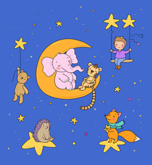 Cute cartoon boy rides on a swing. The child and his toys bear, tiger, fox. The little prince and his friends. Good night - 562238220