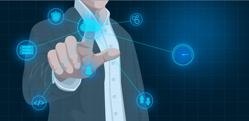 Business man using dashboard on virtual screen. Cloud readiness/configuration.