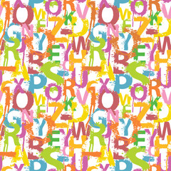 Seamless pattern with alphabet letters in form of colored paint splashes and blots. Abstract vector background with latin letters. Suitable for wallpaper, wrapping paper or fabric