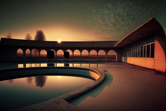 France, at dusk, and a deserted pool. Generative AI