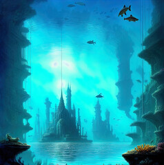 Fototapeta na wymiar A fantasy underwater city. 