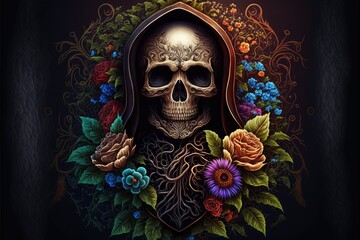 La Santa Muerte. Mexican Skull adorned with flowers. This image was created with generative AI
