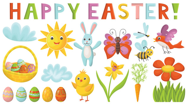Cute big set of Happy Easter elements in kid's cartoon flat style isolated on white background. Ornamental eggs, basket with eggs, blue rabbit, butterfly, bird, Narcissus, flower, sun, chick, bee