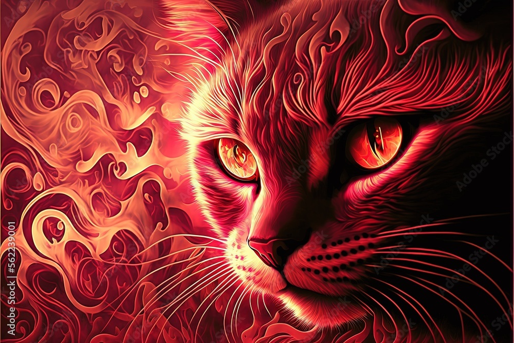 Poster a cat with red eyes and a red background with swirls and swirls on it's face and a red background wi