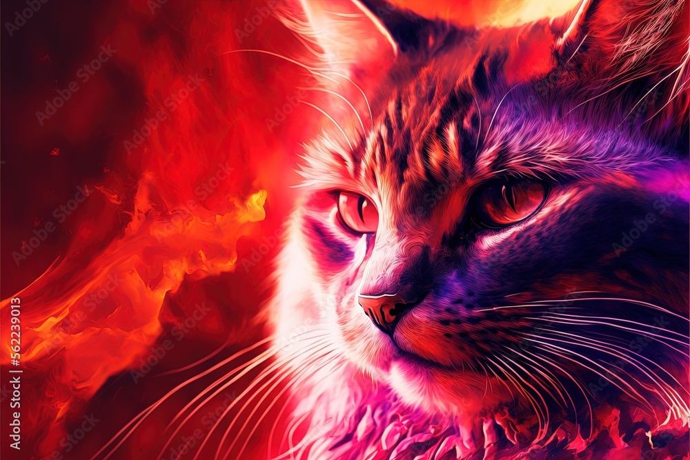 Poster a cat with red eyes and a red background with a red flame behind it and a red flame behind it, with 