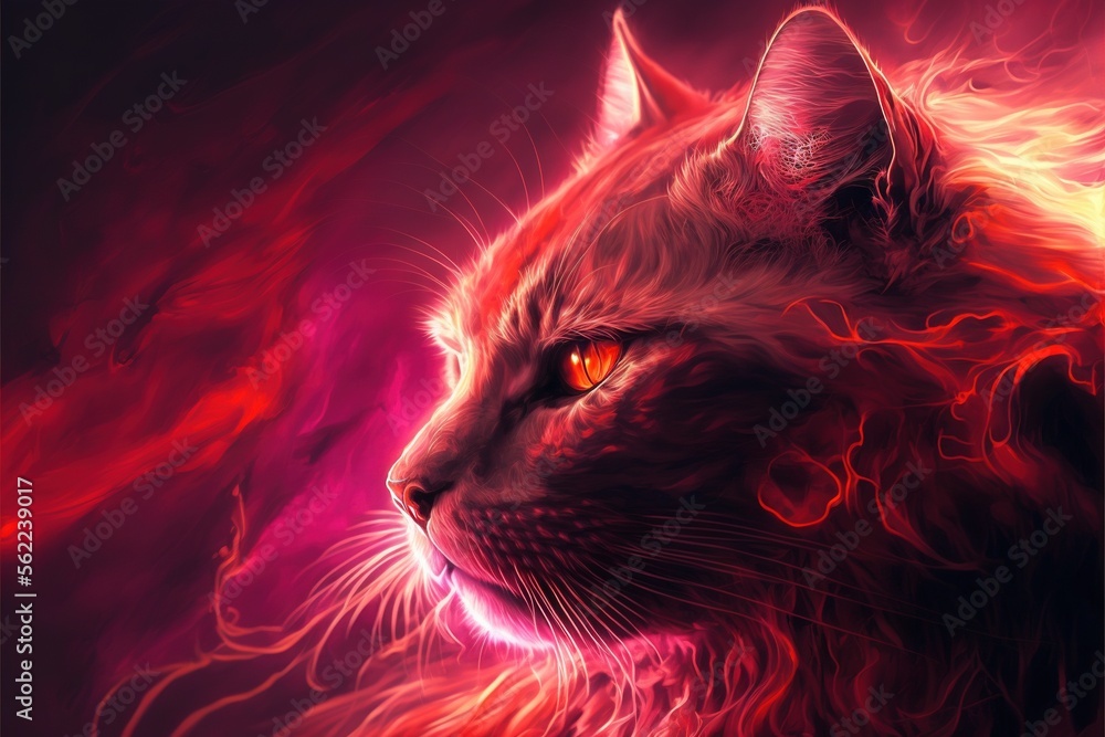 Poster a cat with red eyes and a red background is shown in this image, it looks like a painting of a cat w