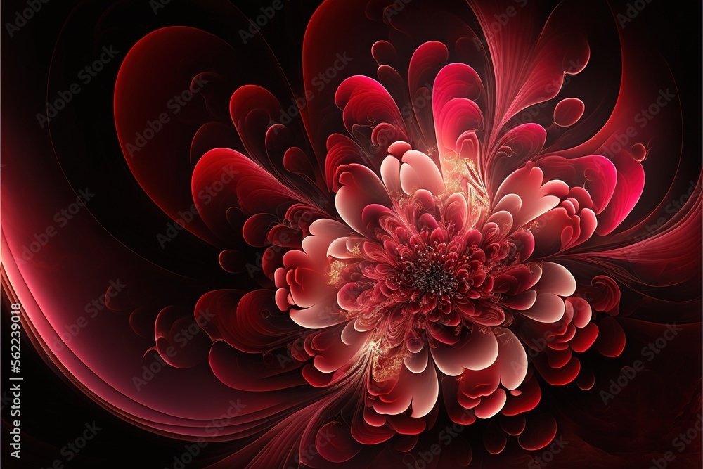 Poster  a red flower with a black background is shown in this image, it looks like a computer generated image of a flower with a red center and white petals on the center of the petals. generative ai